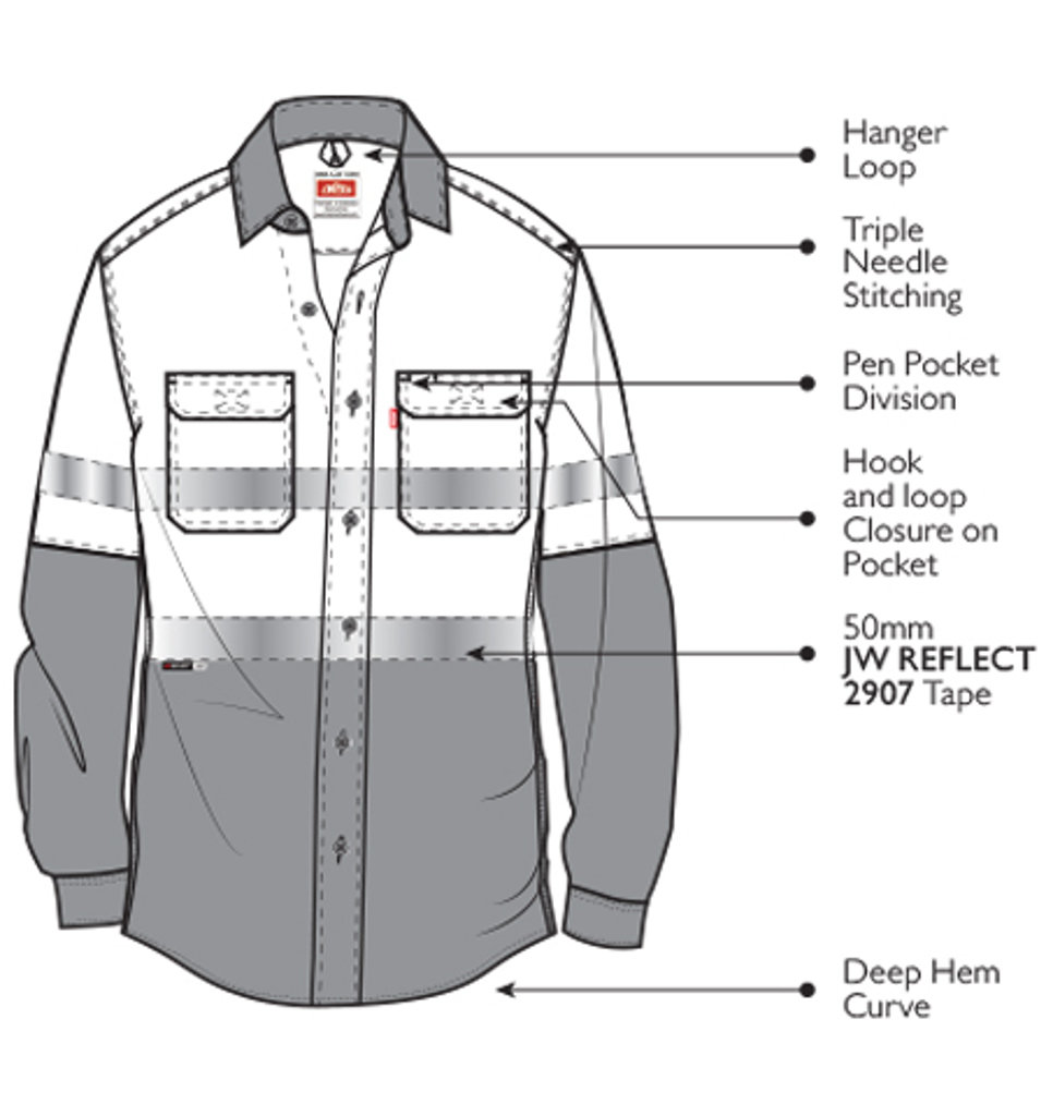 Jonsson Workwear | 100% Cotton Two Tone Long Sleeve Reflective Work Shirt